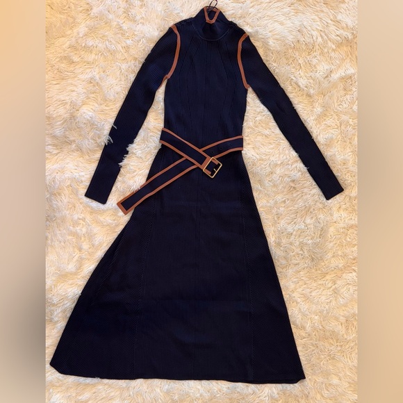 NEW REISS Ella Color Blocked Knitted Belted Midi Navy/Caramel Dress sz M - Picture 3 of 7